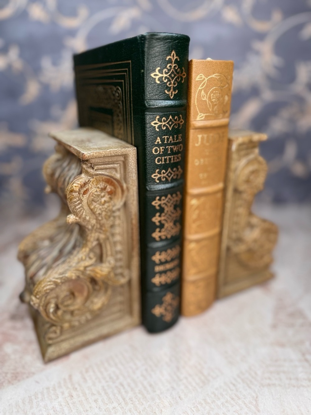 Vintage Ornate Bookends Faux Bois Resin Wood Gilt Scroll Pair